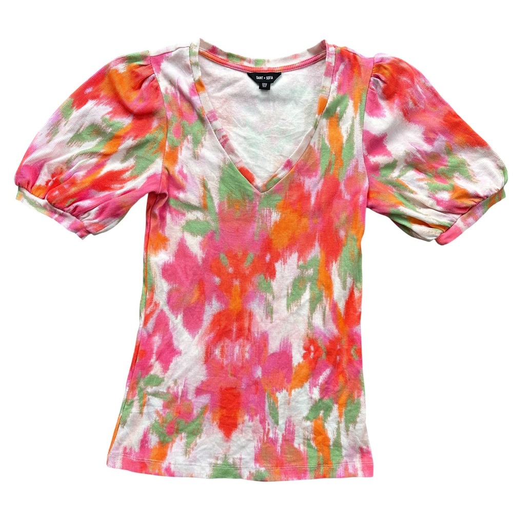 Saint + Sofia Puff Sleeve V-Neck Top Women Size 6 Pink Orange Abstract Excellent
